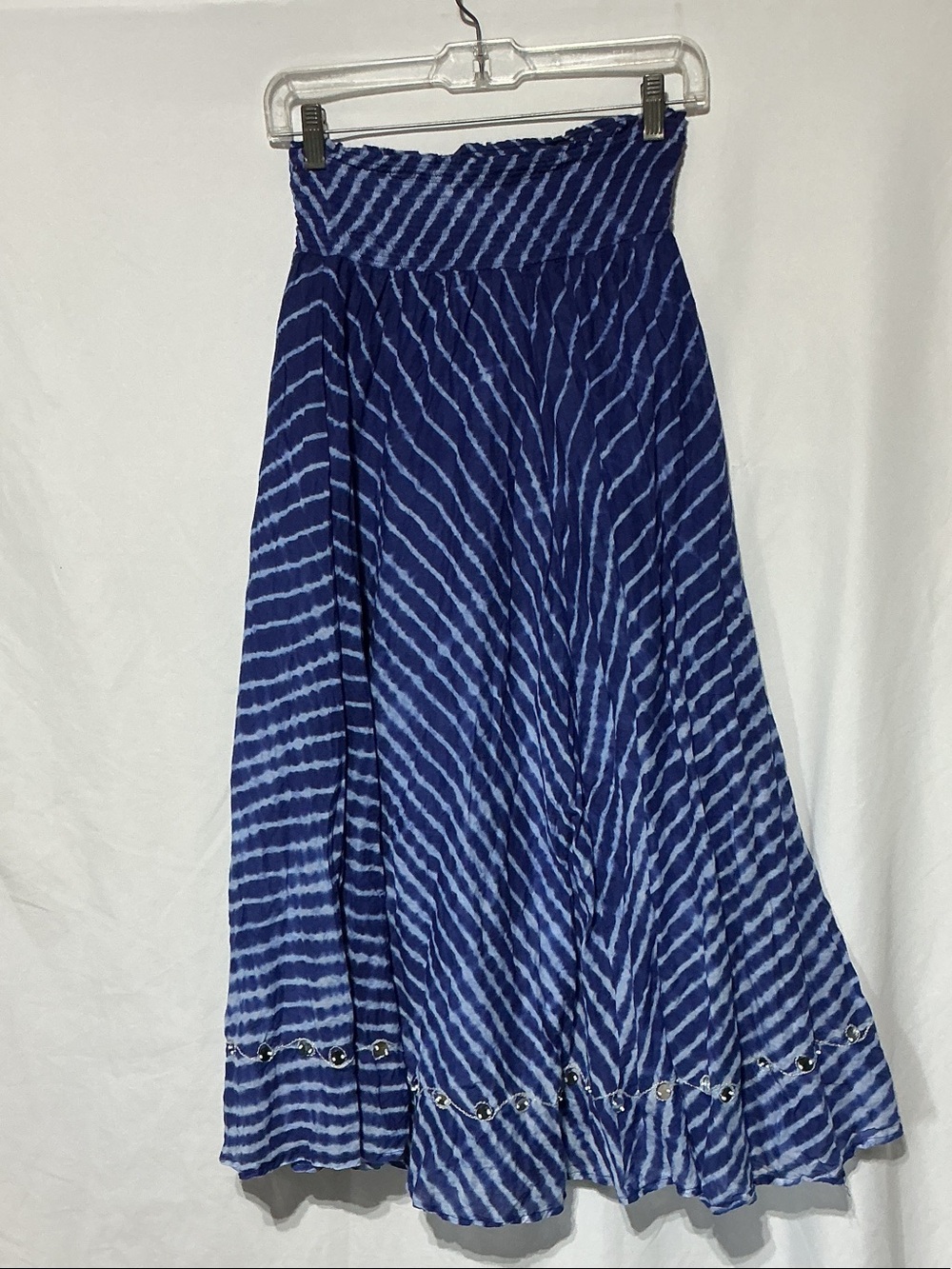 Soft Surroundings Blue Tie-Dye Pheasant Maxi Skirt Silver Sequins Trim Sz PS